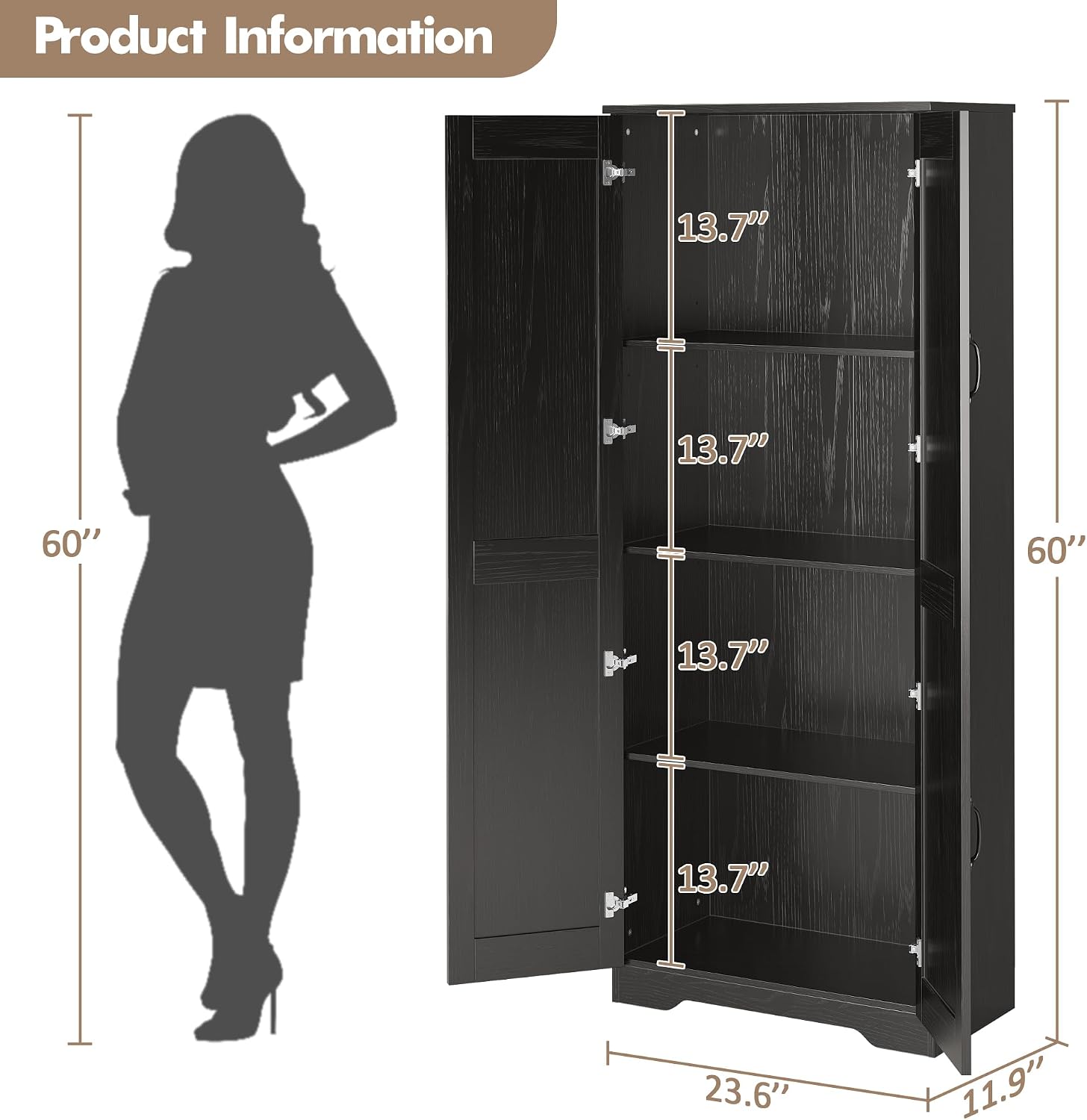 GAOMON Adjustable Shelf Storage Cabinet 60' Tall Black, 2-Door Pantry with Shelves for Kitchen Organization, Bathroom Storage, Living Room