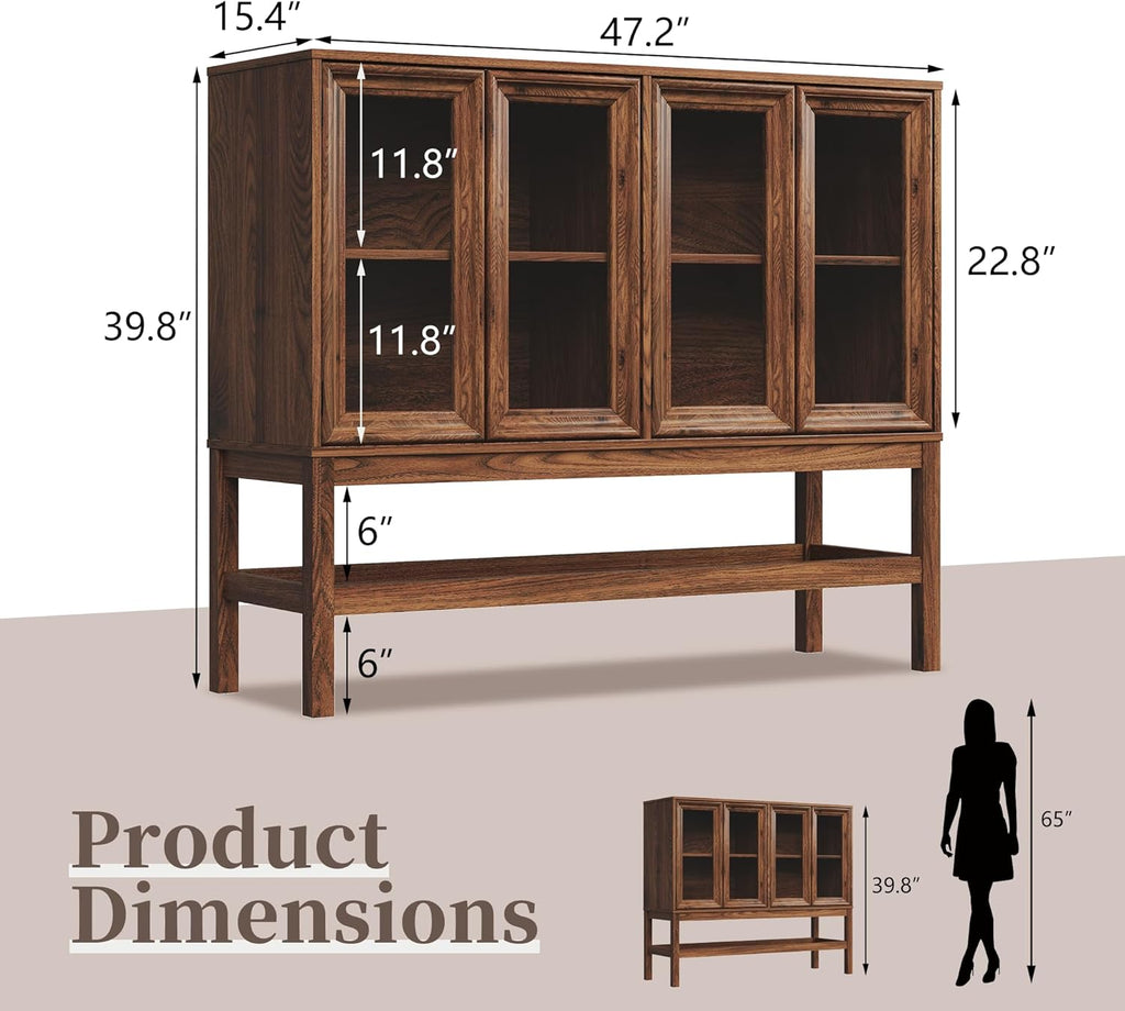 Sideboard Buffet Cabinet with Storage, Small Kitchen Coffee Wine Bar Cabinet with Glass Press-to-Open Doors, Wood Mid Century Modern Side Board Table for Dining Room, Living Room