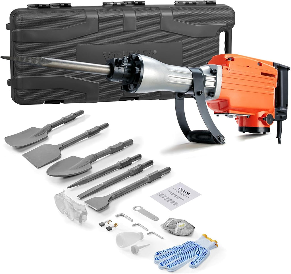 VEVOR Demolition Jack Hammer, MAX 2200W Electric Jackhammer Heavy Duty, 1350 BPM Concrete Breaker 6pcs Chisels Bit Chipping W/Case