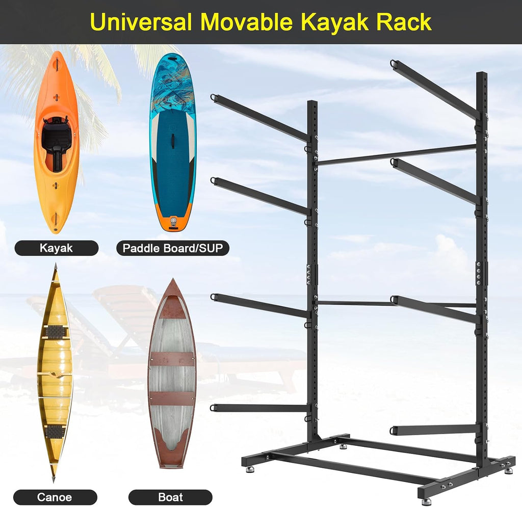 LotFun Kayak Storage Rack, Freestanding Heavy Duty Adjustable Kayak Stand Indoor Outdoor Storage Rack Garage, with Foot Pad, for Kayaks, SUPs, Canoes, Surfboard (4Levels)