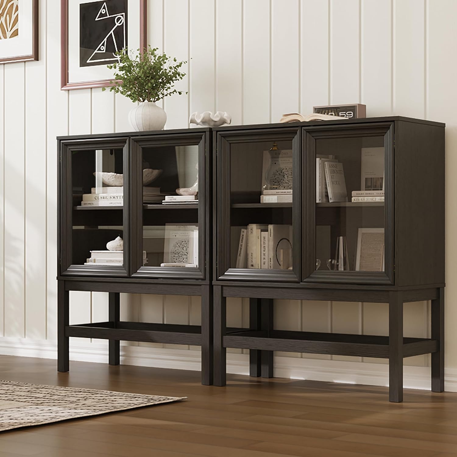 Sideboard Buffet Cabinet with Storage Set of 2, Small Kitchen Coffee Wine Bar Cabinet with Glass Doors, Wood Mid Century Modern Side Board Table for Dining Room, Living Room