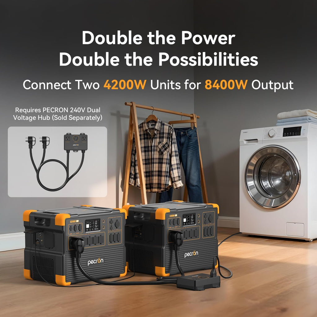PECRON Portable Power Station E3800 LFP, 3840Wh LiFePO4 Battery Backup, 120/240V 4200W AC Output, Expandable to 53.76kWh Power Station, Solar Generator for Home Use, Emergency, Camping, RV