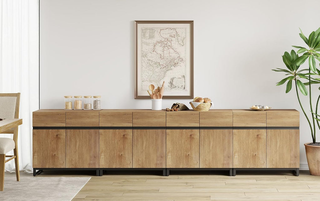 WAMPAT Sideboard Buffet Cabinets, Modern Sideboard with Adjustable Shelf and Metal Base, Coffee Bar Cabinet Storage Cabinet for Living Room, Kitchen, 4Pcs, Oak