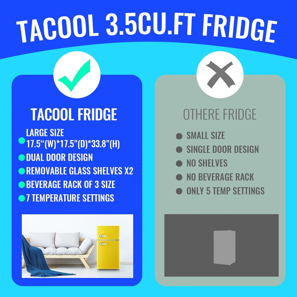3.5 Cu.ft Fridge Dorm Fridge Refrigerator with Adjustable Glass Shelves, 7 Level Temperature Control Suit for Bedroom, Office, Apartment Yellow