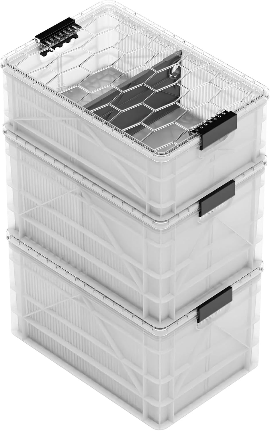 SIDIO CRATE Starter Pack - Two Full Size and One Half Size SidioCrate, Stackable Outdoor Organizer Storage Bins with Clear Lid and Dividers - Clear