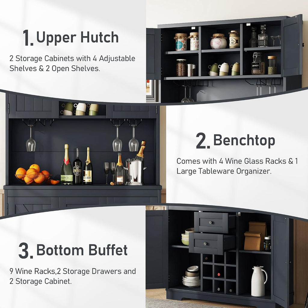 Farmhouse Wood Kitchen Pantry, Freestanding Coffee Bar Cabinet Kitchen Buffet Cabinet with Drawers, Adjustable Shelves and Wine & Glass Racks for Dining Room, Kitchen (Antique Blue-2.16)