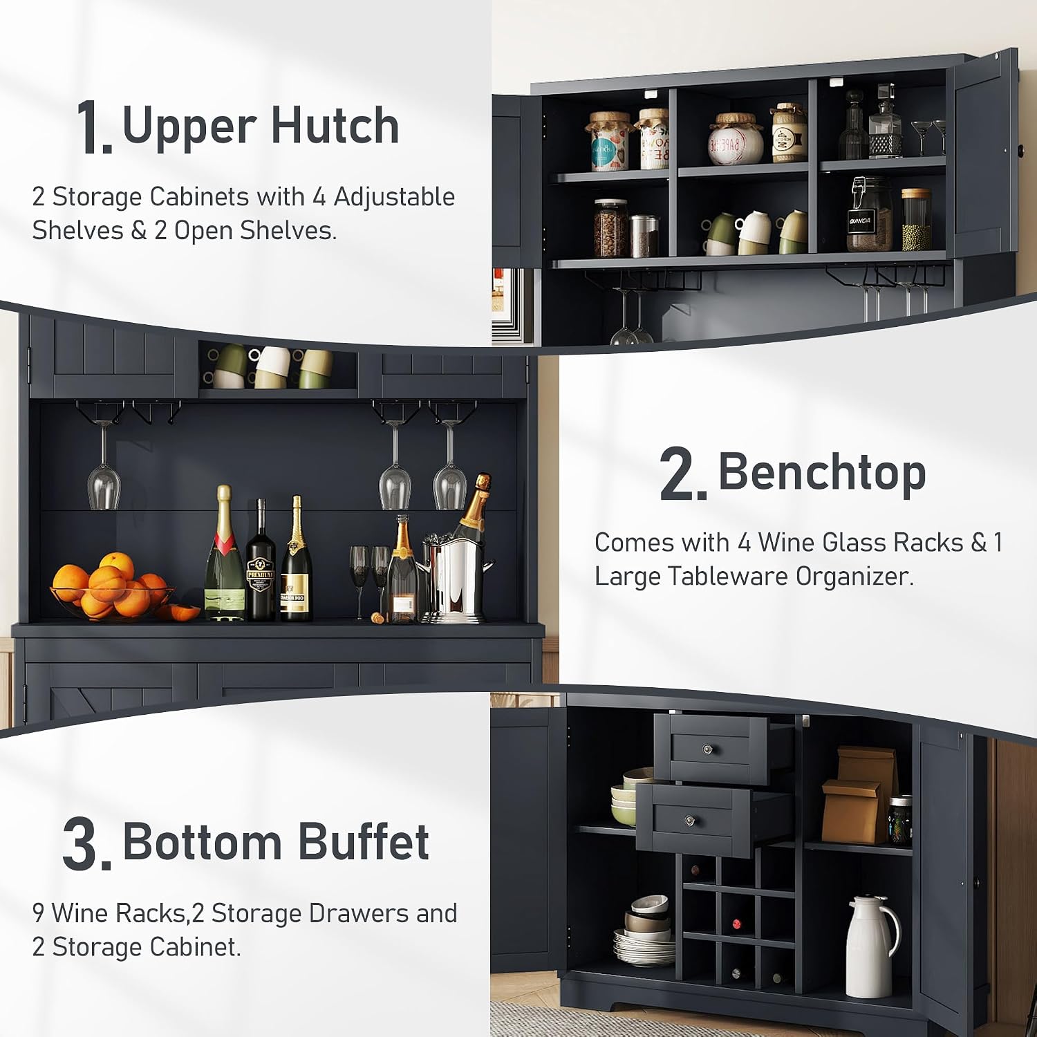 Farmhouse Wood Kitchen Pantry, Freestanding Coffee Bar Cabinet Kitchen Buffet Cabinet with Drawers, Adjustable Shelves and Wine & Glass Racks for Dining Room, Kitchen (Antique Blue-2.16)
