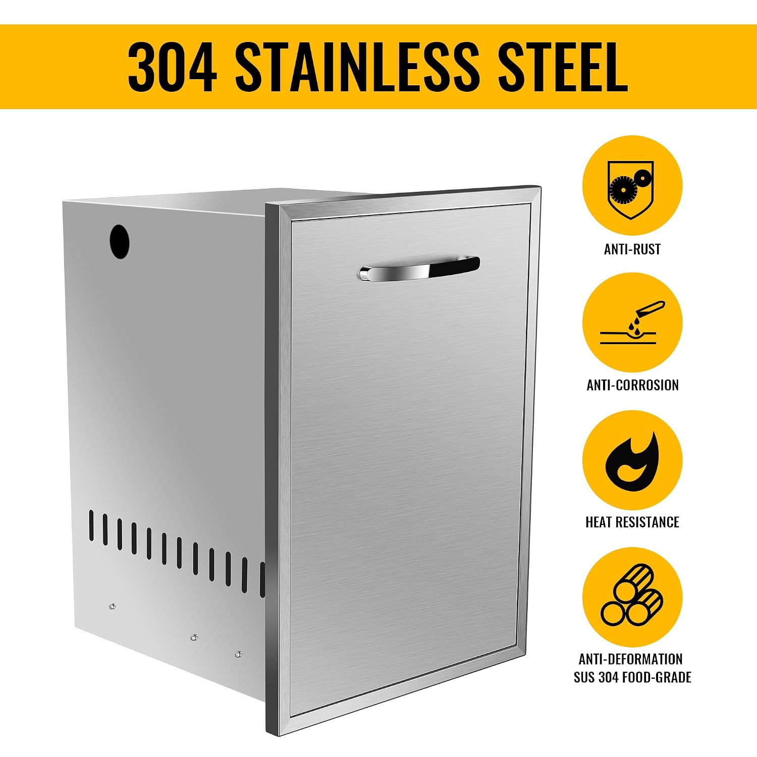 Pull-Out Single Trash Drawer 16''Wx22.3''Hx18''D, Built-in Trash Drawer, Outdoor Kitchen Stainless Steel Trash Bin for BBQ Island Grill Station