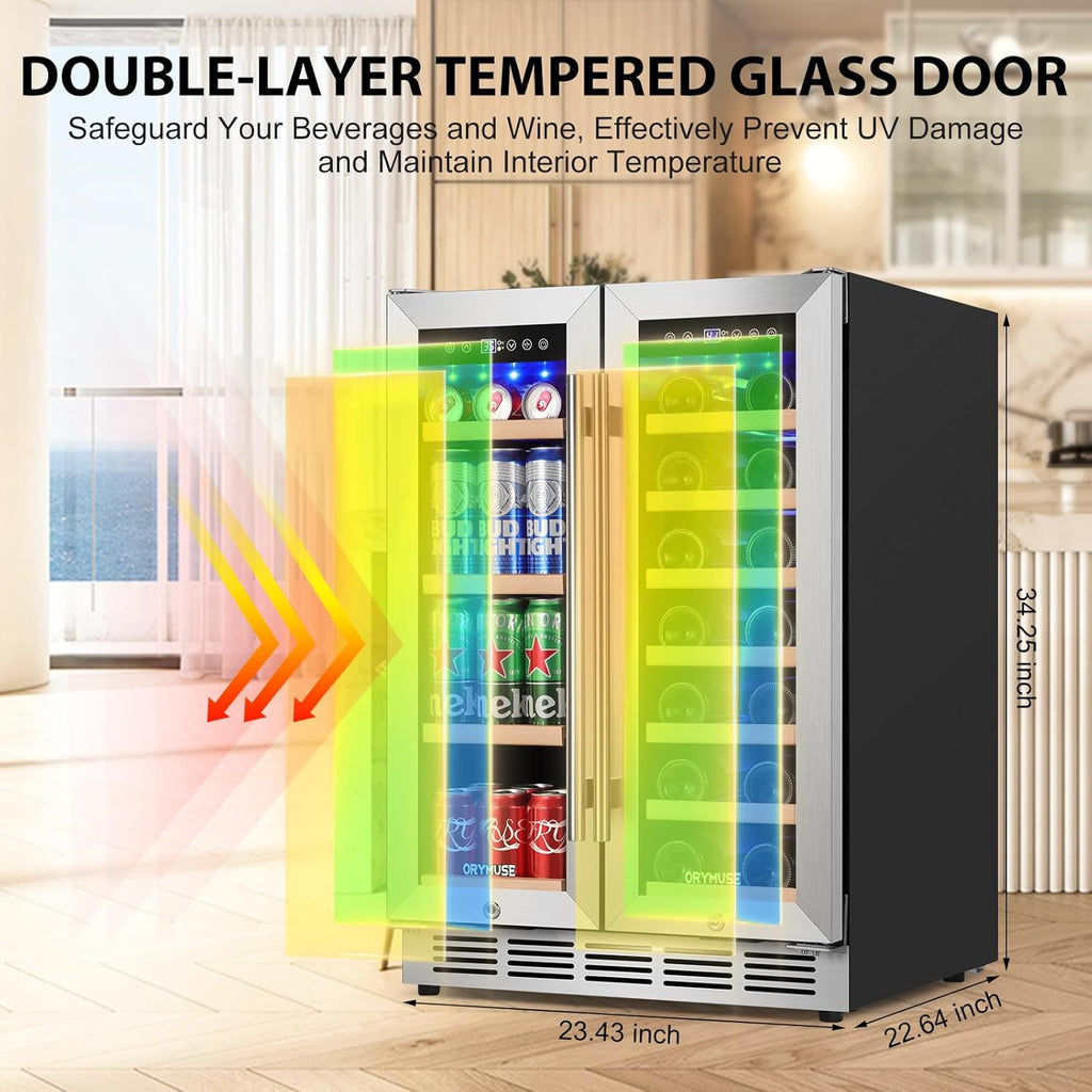 ORYMUSE 24 Inch Dual Zone Wine and Beverage Refrigerator, Built-in or Freestanding Cooler with French Doors, Under Counter Drink Fridge with Upgraded Compressor for Beer, Wine, and Soda