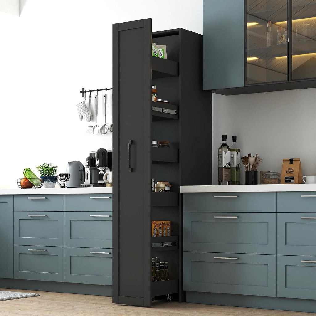 KEIKI Pull-Out Kitchen Pantry Storage Cabinet with Multi-Tier Shelf, Spice Rack Next to Fridge, Freestanding Wood Hutch Food Pantries Cupboard for Coffee Bar, Dining Room, Narrow Spaces