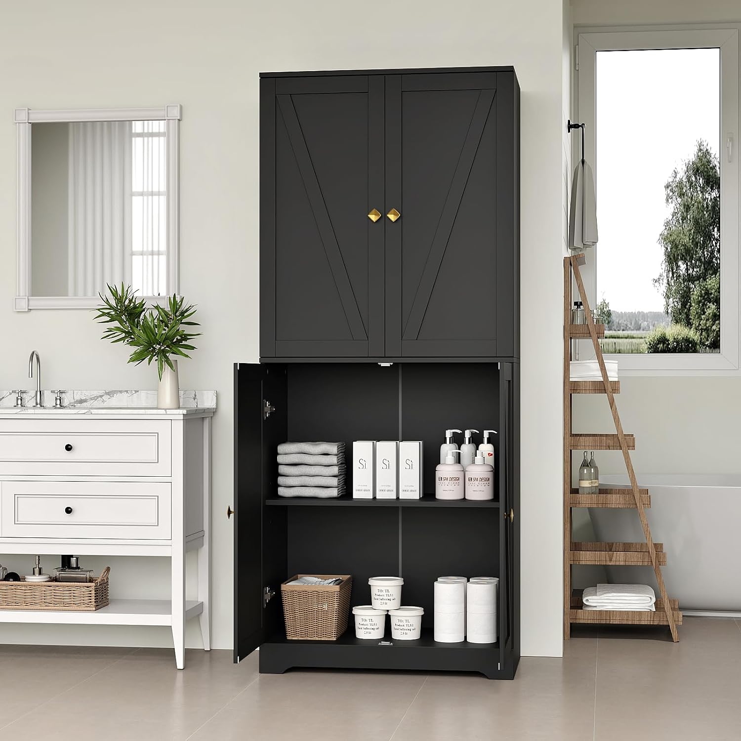 Kitchen Pantry Cabinet, 72' Tall Farmhouse Storage Cabinet with 4 Barn Doors and Adjustable Shelves, Pantry Storage for Kitchen, Living Room, Black