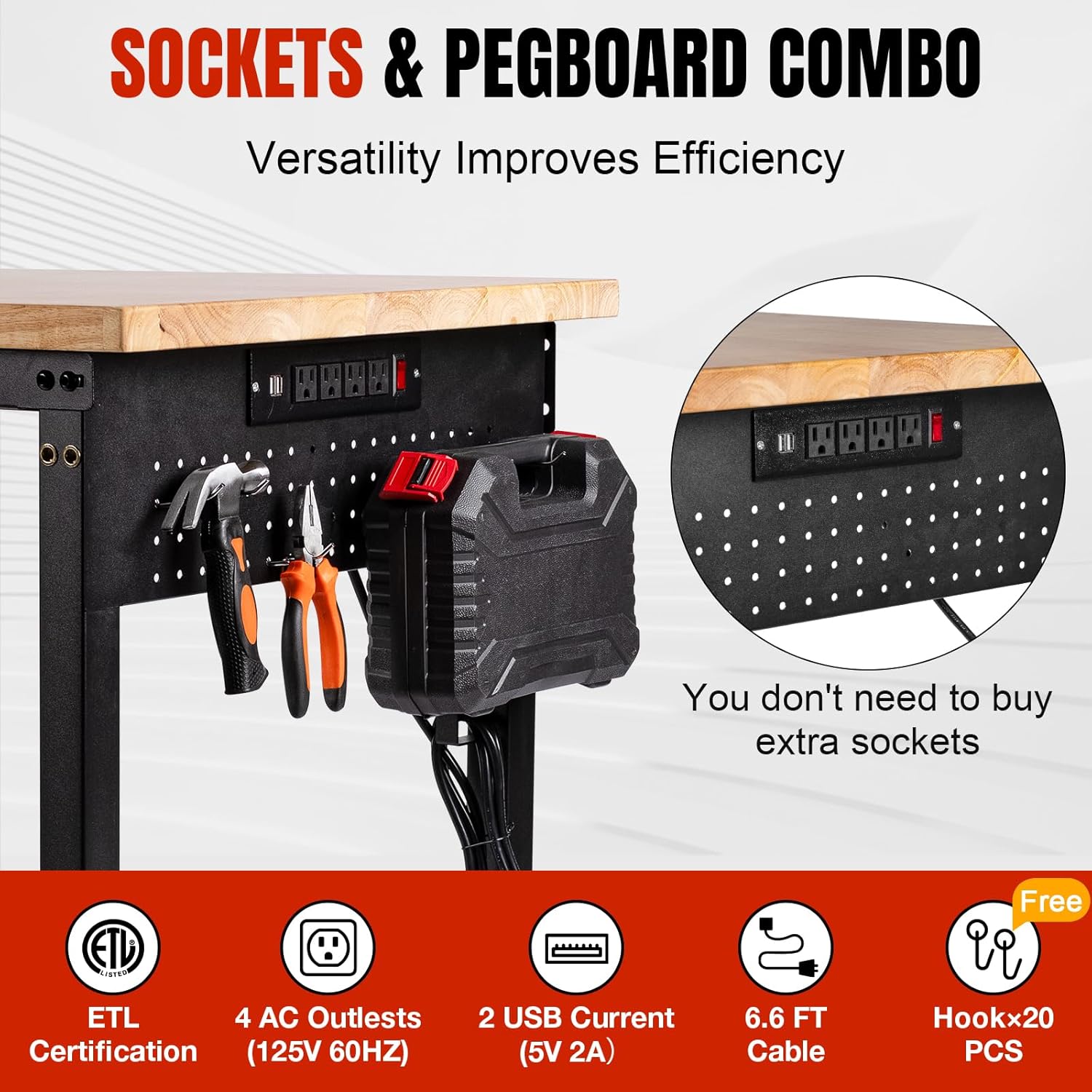 48' L×24'W Adjustable Workbench with Wheels, 28'-40'Height Heavy Duty Table 2000 LBS Load Capacity, Work Bench with Power Outlet & Pegboard, Rubber Wood Work Table for Garage, Office, Workshop
