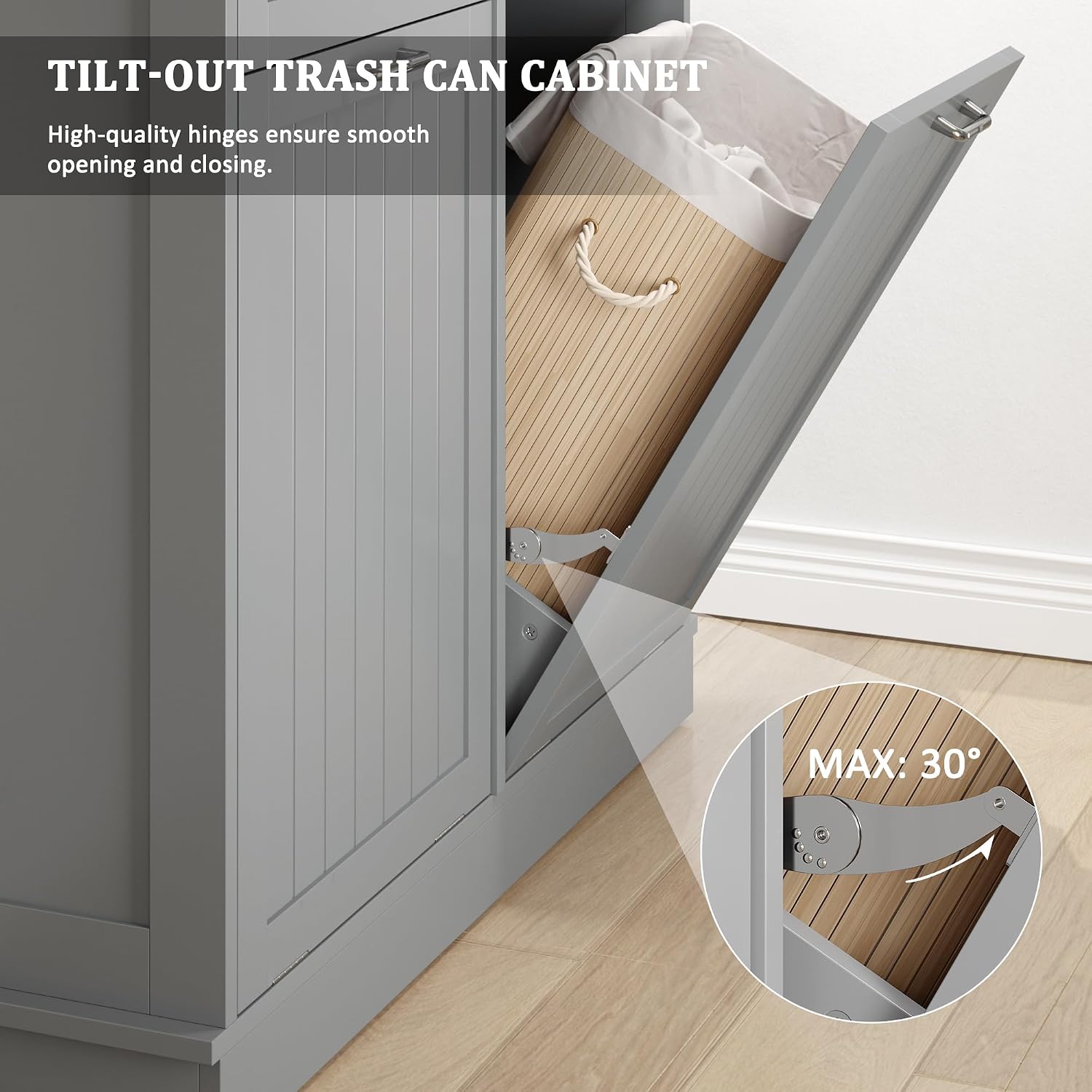 KIGOTY Double Tilt Out Trash Can Cabinet, 20 Gallon Hidden Trash Storage Cabinet with 2 Hideaway Drawers, Freestanding Trash Can for Kitchen, Wooden Laundry Hamper Cabinet, Pet Proof (Grey)