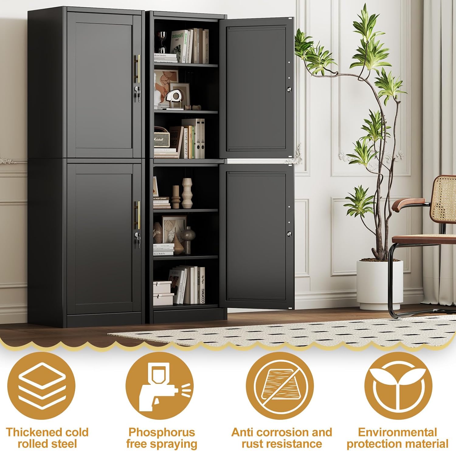 Tall Narrow Slim Metal Storage Cabinet with Lock 2 Doors and Shelves,Steel File Cabinets,Kitchen Pantry Cabinet Locker Organizer - 67' Locker Storage Cabinets for Bathroom,Bedroom,Office,Black