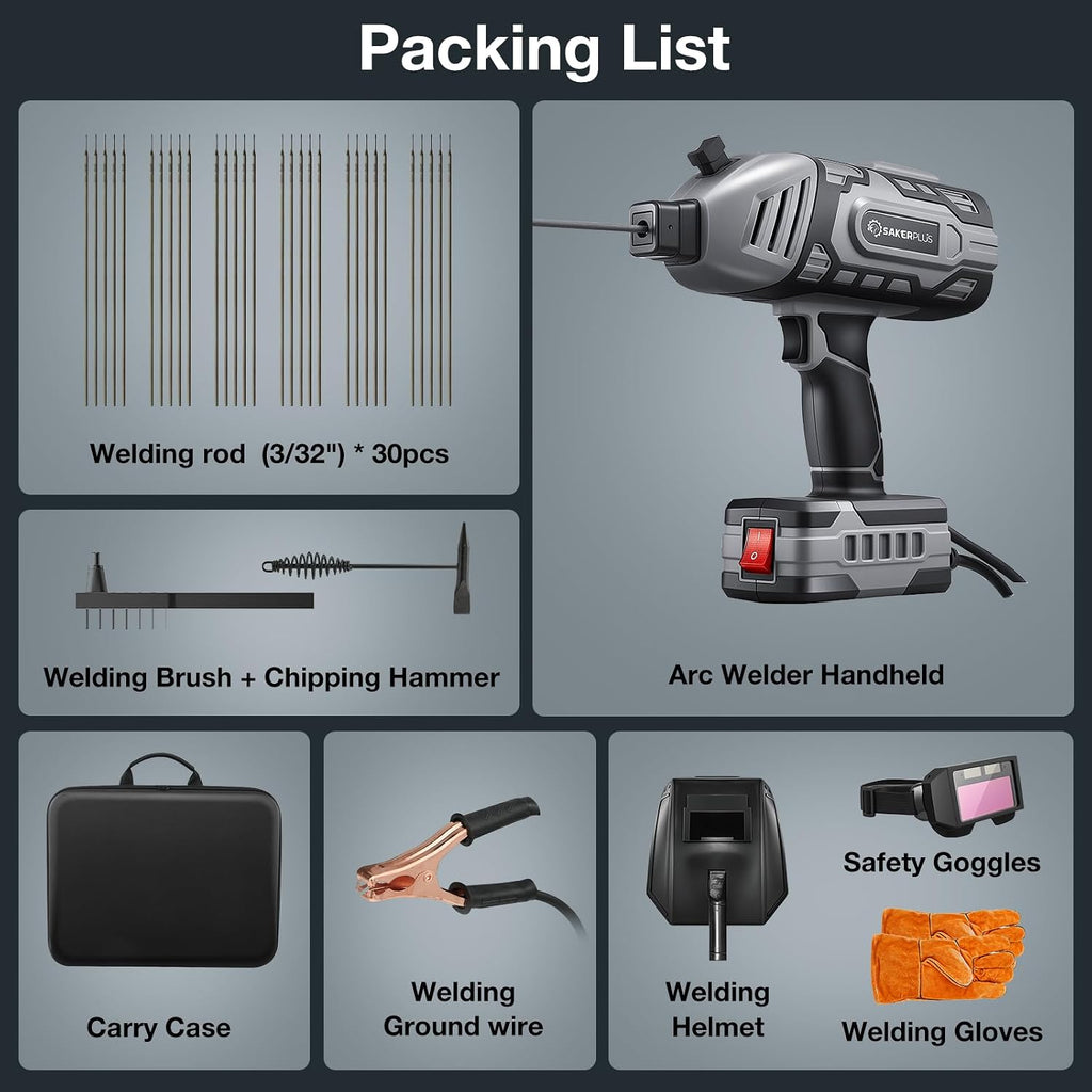 Sakerplus Portable Welding Machine, Handheld Welder Machine 110V, ARC Portable Welder with IGBT Inverter 5 Variable Current Adjustment, 30pcs 3/32' Wire Rods, Welding Helmet, Carrying Case Included