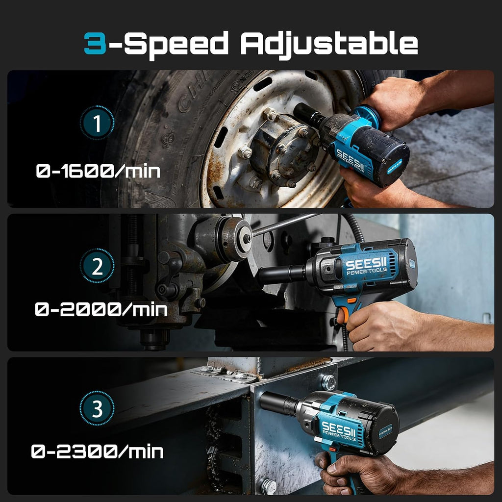 SEESII Upgraded Impact Wrench 1180 Ft-lbs (1600 N·m): 1/2' High-Torque Impact Gun with Detachable Side Handle, 21V Cordless Impact Driver 2x 4.0Ah Batteries for Car/Pickup Truck/Mower/Industrial Tasks