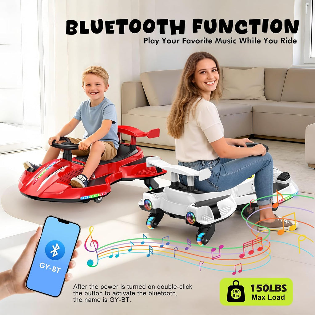 12V Electric Wiggle Car Ultra with Pedals, Rechargeable Swing & Drift Car, Anti-Rollover Design with Backrest, Spray, Flashing Lights, Music & Bluetooth, for Ages 3 and Up, 150 lbs(Red + Black)