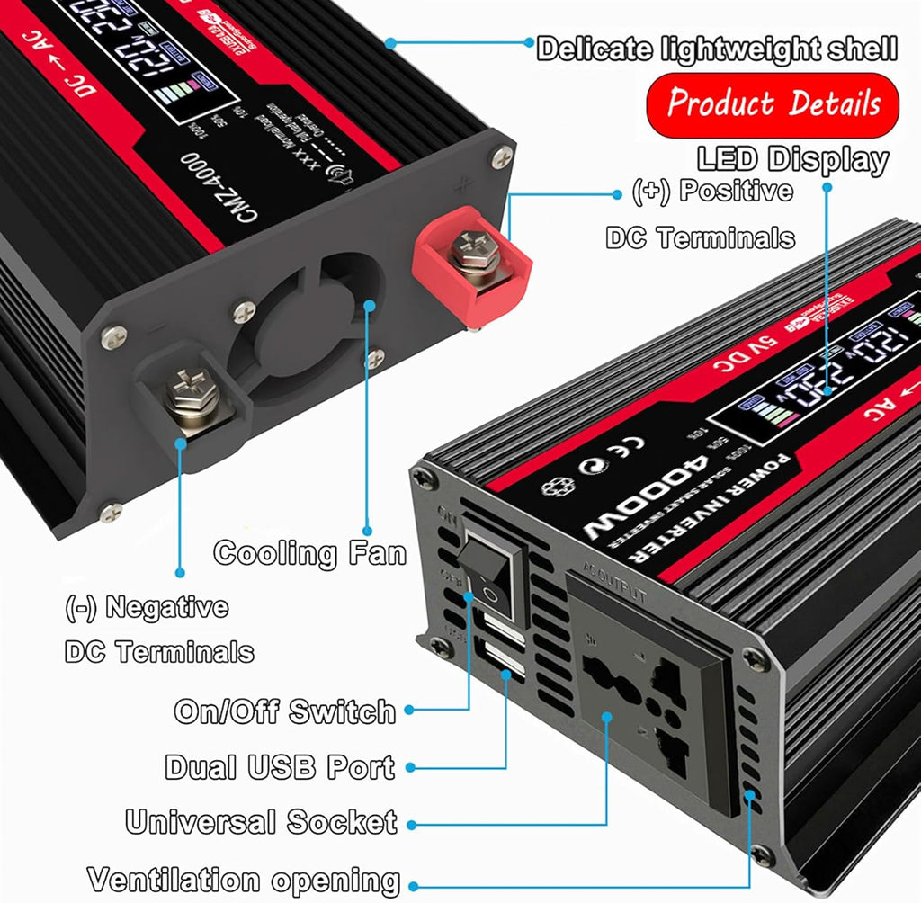 18W 12V Off-Grid Solar Panel Kit with 4000W Inverter & 30A Charge Controller, Portable Solar Generator for RV, Camping, Outdoor Emergency Backup Power(Red)
