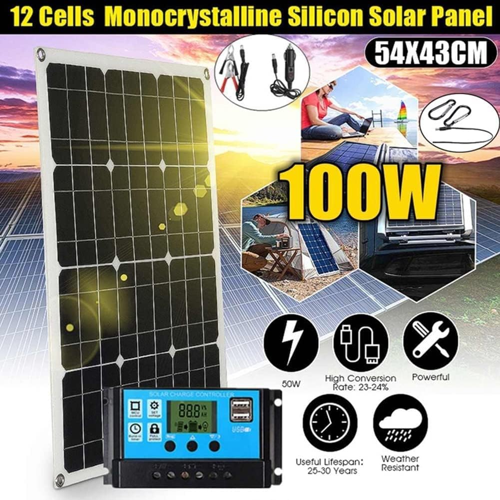 100W 18V Portable Solar Panel，High Efficiency Waterproof Monocrystalline Solar Panel for Outdoor Adventure, Road Trip, Emergency, Travel, Camping, RV(60a Controller)