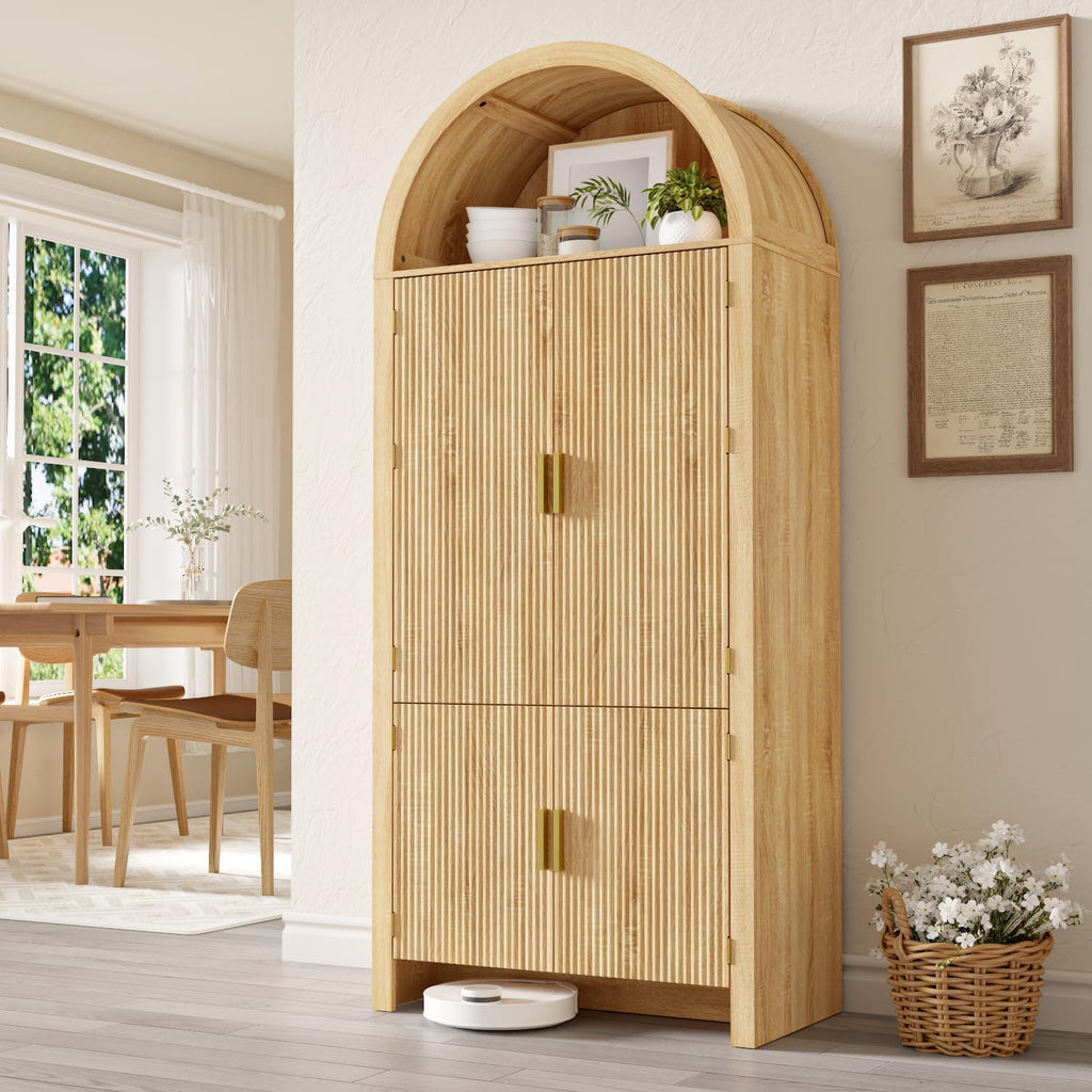 Arched Cabinet, 71' Tall Arched Kitchen Pantry Storage Cabinet with Doors, Modern Fluted Kitchen Storage Cabinet with Adjustable Shelves, Natural Cupboard for Kitchen, Dining Room, Bathroom