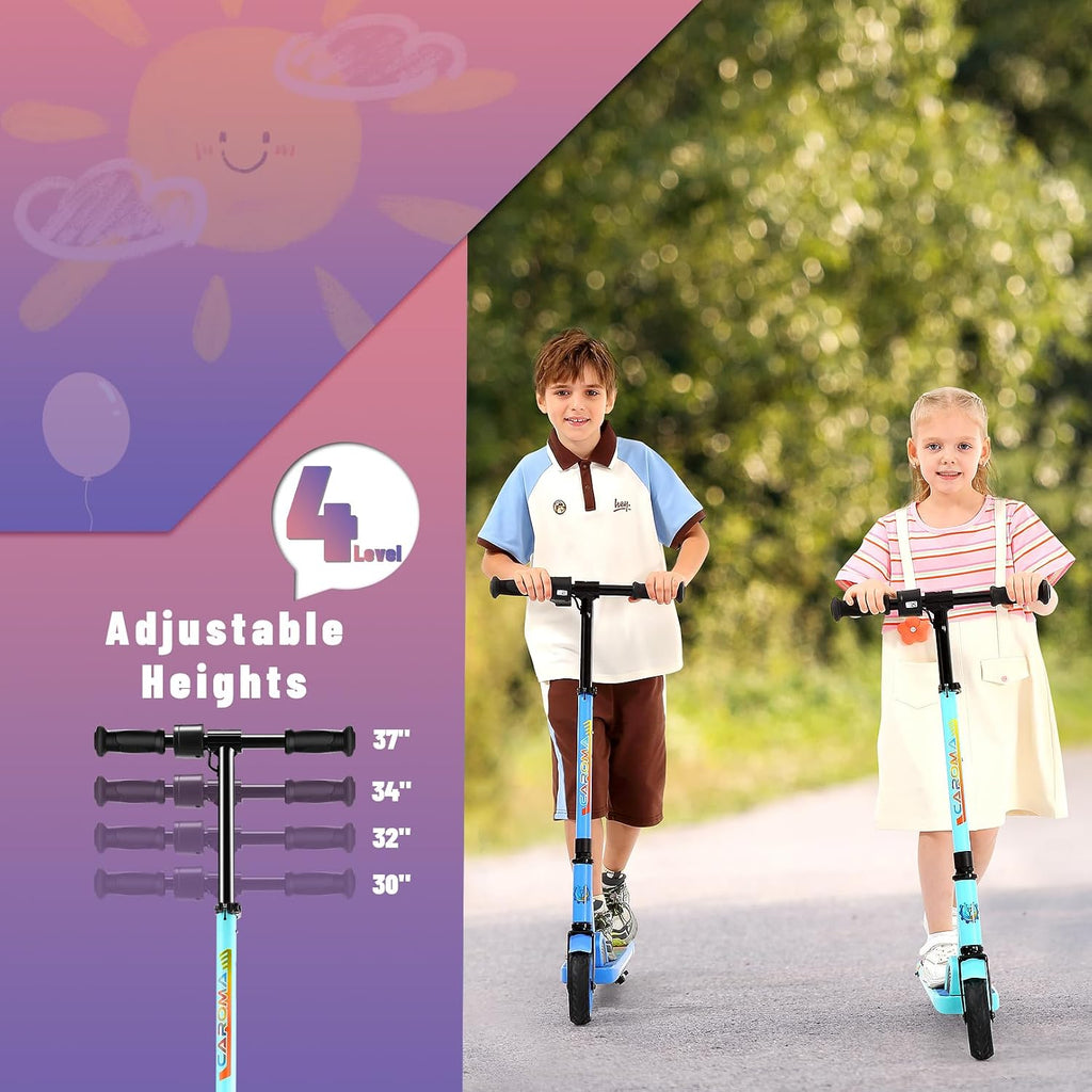 Caroma E35 Kids Electric Scooter for Ages 8-12, 150W Motor Up to 7 Miles Range & 10 MPH Speed, LED Display, Colorful Rainbow Lights, Adjustable Height, Foldable & Lightweight Design