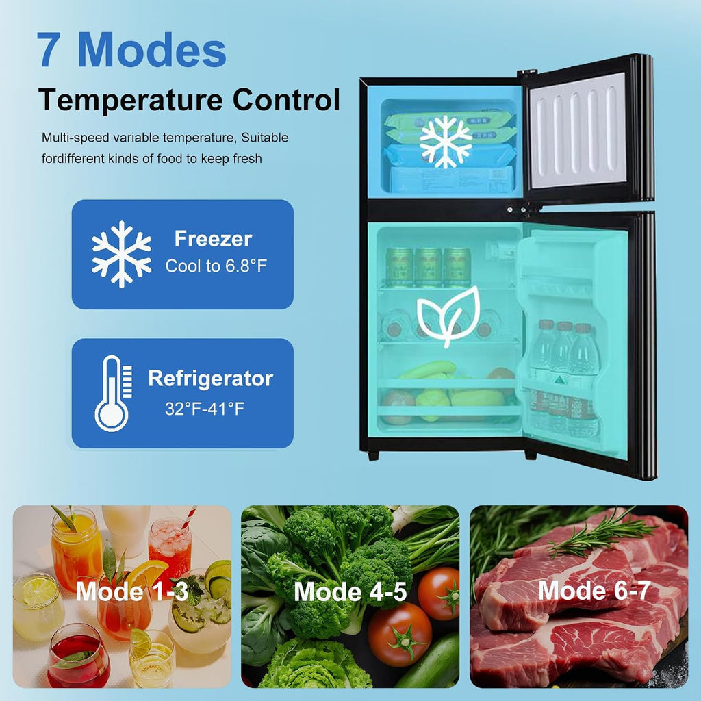 Cucina Magica Mini Fridge with Freezer, 3.2 cuft Small Refrigerator, 7 Adjustable Thermostat, Energy Saving, Low Noise, Double Door Compact Refrigerator for Dorm, Bedroom, Office - Silver