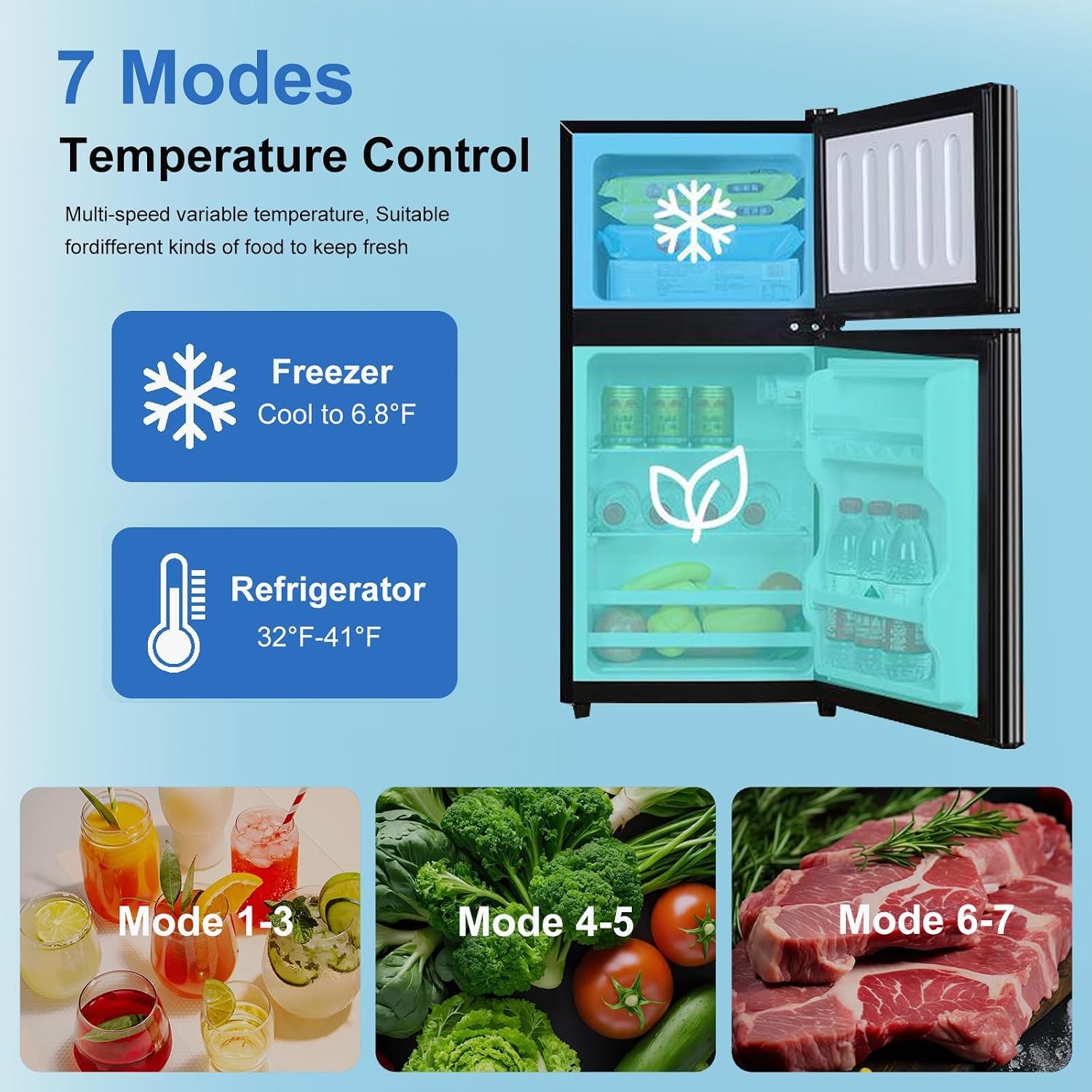 Cucina Magica Mini Fridge with Freezer, 3.2 cuft Small Refrigerator, 7 Adjustable Thermostat, Energy Saving, Low Noise, Double Door Compact Refrigerator for Dorm, Bedroom, Office - Silver