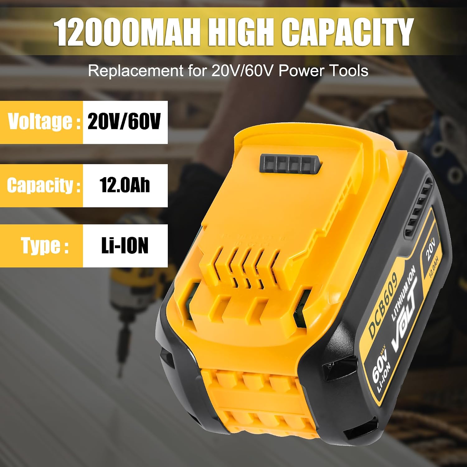 2-Pack 12.0Ah Replacement Battery for DeWalt FlexVolt 20V/60V Max – Compatible with DCB606, DCB609, DCB612, DCB200, DCB205, DCB206 – High Capacity Lithium-Ion Batteries for Cordless Power Tools