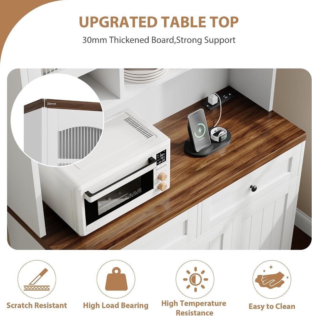 GarveeHome Pantry Cabinet with Charging Station, Tall Kitchen Pantry Storage Cabinet with Hutch,70.8 Inch Kitchen Cabinet with 30mm Thickened Countertop, Fluted Glass Doors, for Dining Room, White