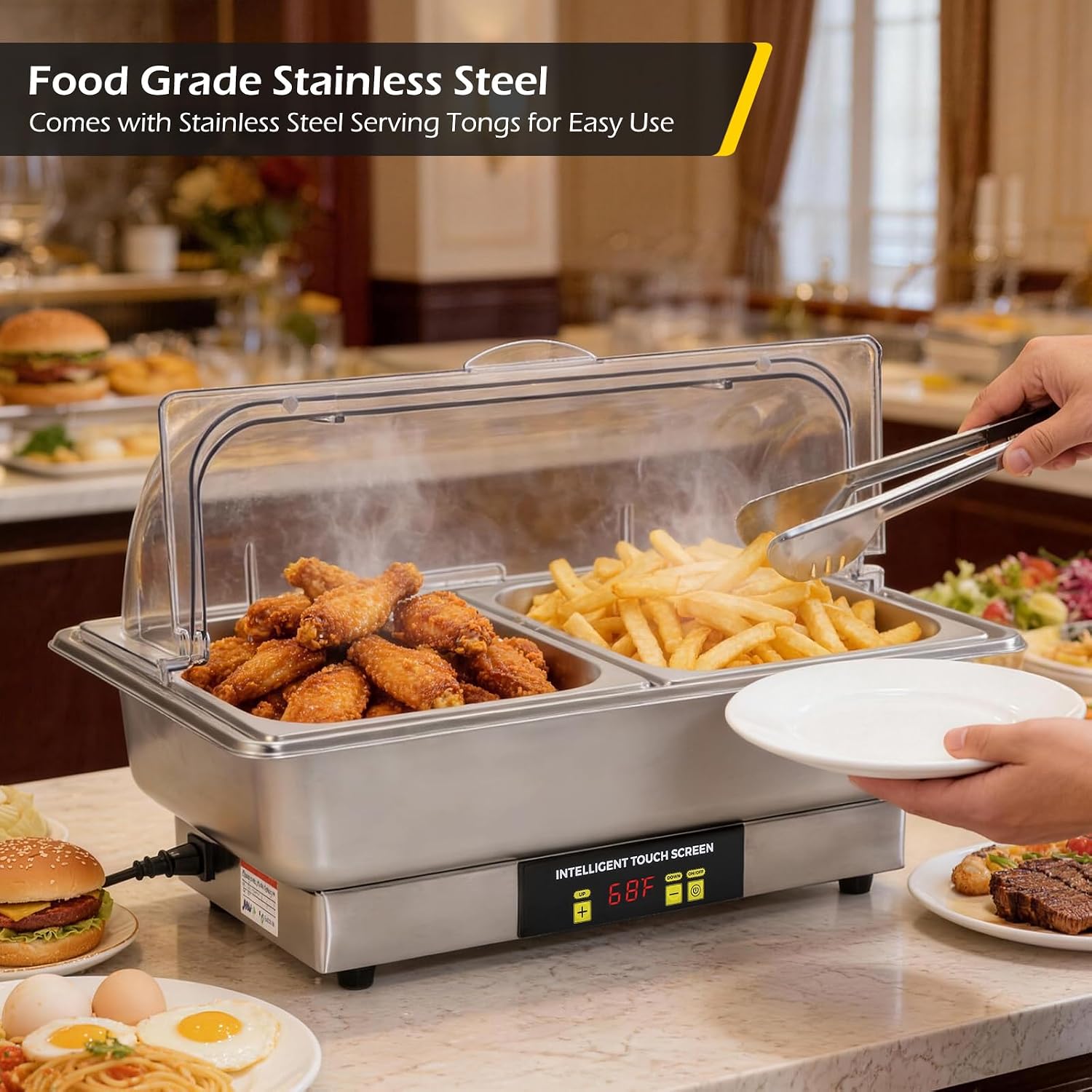 Dyna-Living Electric Chafing Dishes for Buffet, 9.5QT Full Size & Half Size Chafing Dish Buffet Set 600W Electric Buffet Servers and Warmers with Temp Control Display Food Warmers for Parties Catering