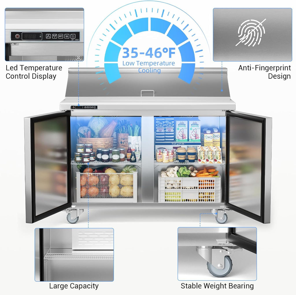 GarveeLife Commercial 48' Sandwich & Salad Prep Refrigerator - Stainless Steel Double Door Undercounter Fridge with 12 Food Pans, Cooling Counter, Cutting Board Worktop, Adjustable Shelf, 12.9 cu. ft
