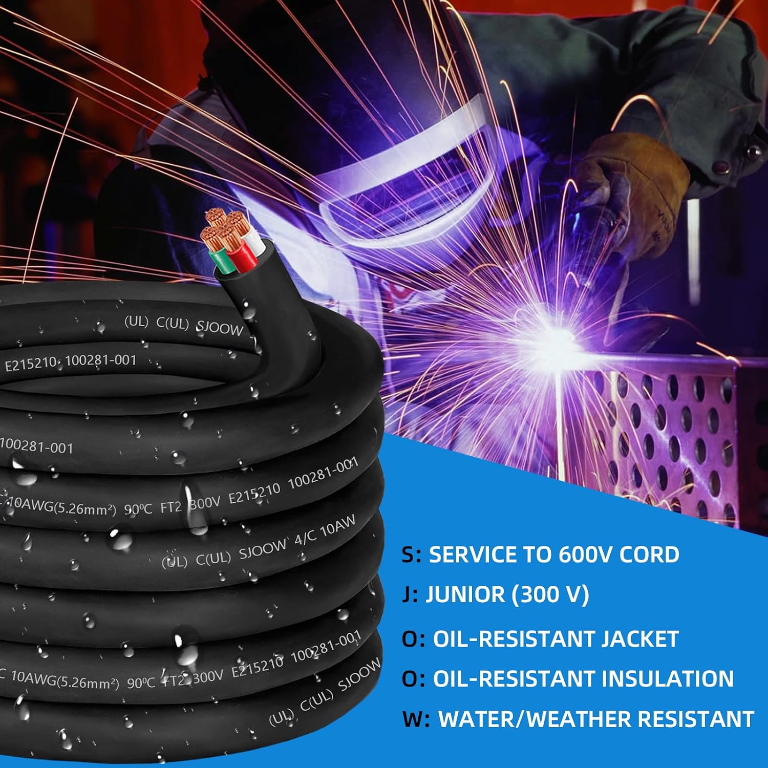 10/4 Wire 10AWG SJOOW Wire 10 Gauge,10/4 Portable Power Cable 10 Gauge 4 Conductor Electric Cable SJOOW Cord for NEMA 14-30amp Generator,Welder,Portable Light,Car Charger,Motor Lead Outdoor Use-50ft