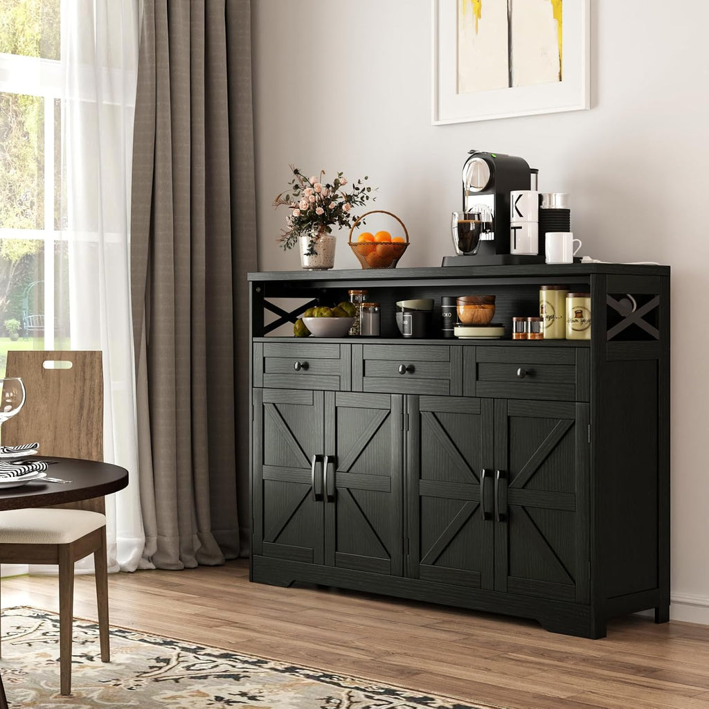 Befrases 52' L Modern Farmhouse Sideboard Buffet Cabinet, Black Storage Cabinet with Drawers & Shelves, Kitchen Pantry Hutch, Coffee Bar Station Table for Living Room, Dining Room, Entryway