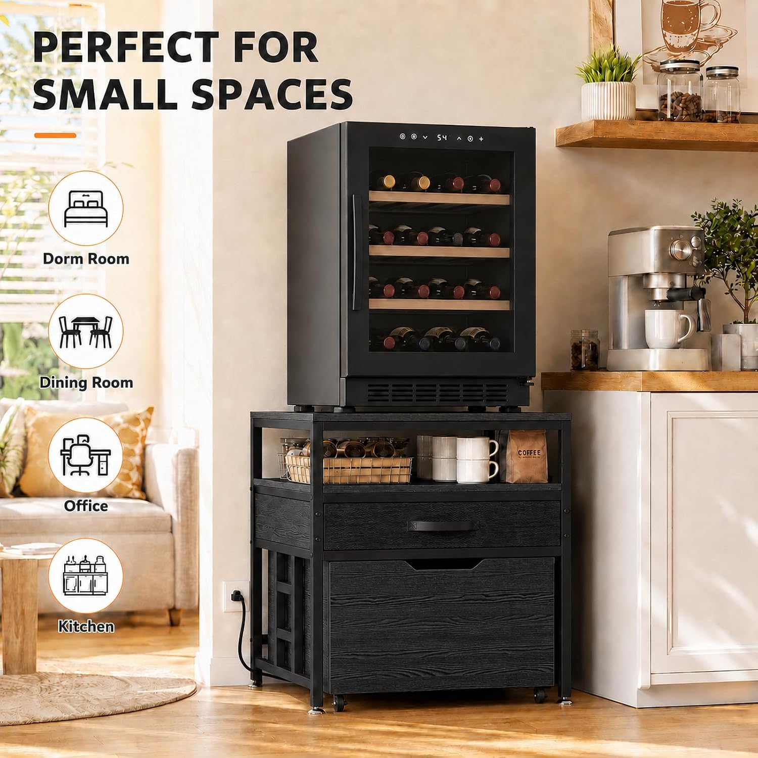 Mini Fridge Stand with Storage Drawer for Dorm Room, 220 lb Heavy Duty Refrigerator Stand with Power Outlet and Pull-Out Basket, Small Fridge Table for Apartment, office, Kitchen, Black