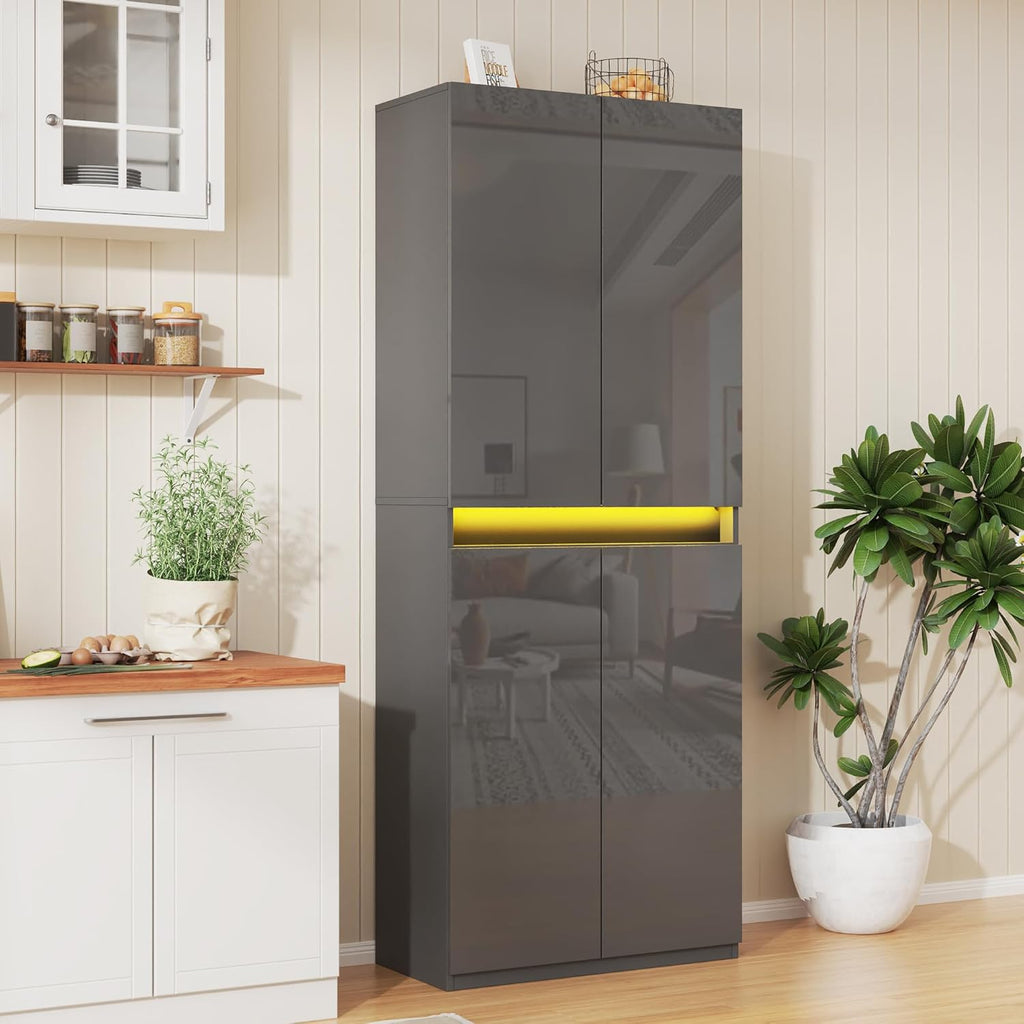 Furnify 71' Tall Pantry Storage Cabinet, Kitchen Pantry with High Gloss Doors, Modern Buffet Hutch Cabinet with Led Light and Adjustable Shelves for Dining Room, Living Room, Grey