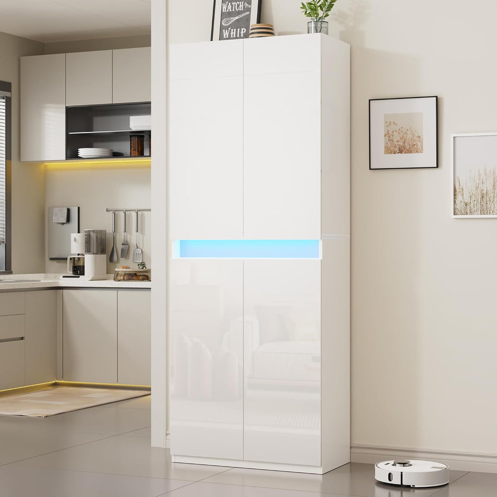 Furnify 71' Tall Pantry Storage Cabinet, Kitchen Pantry with High Gloss Doors, Modern Buffet Hutch Cabinet with Led Light and Adjustable Shelves for Dining Room, Living Room, White