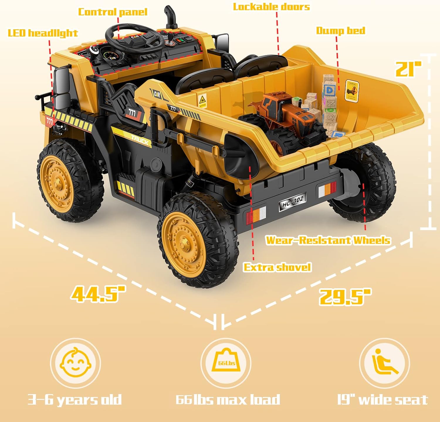 ANPABO Ride on Dump Truck, Ride on Car with Remote Control, Electric Dump Bed and Extra Shovel, Ride on Construction Vehicle with Music Player, Key Start for Safety, Ideal Gift for Kids