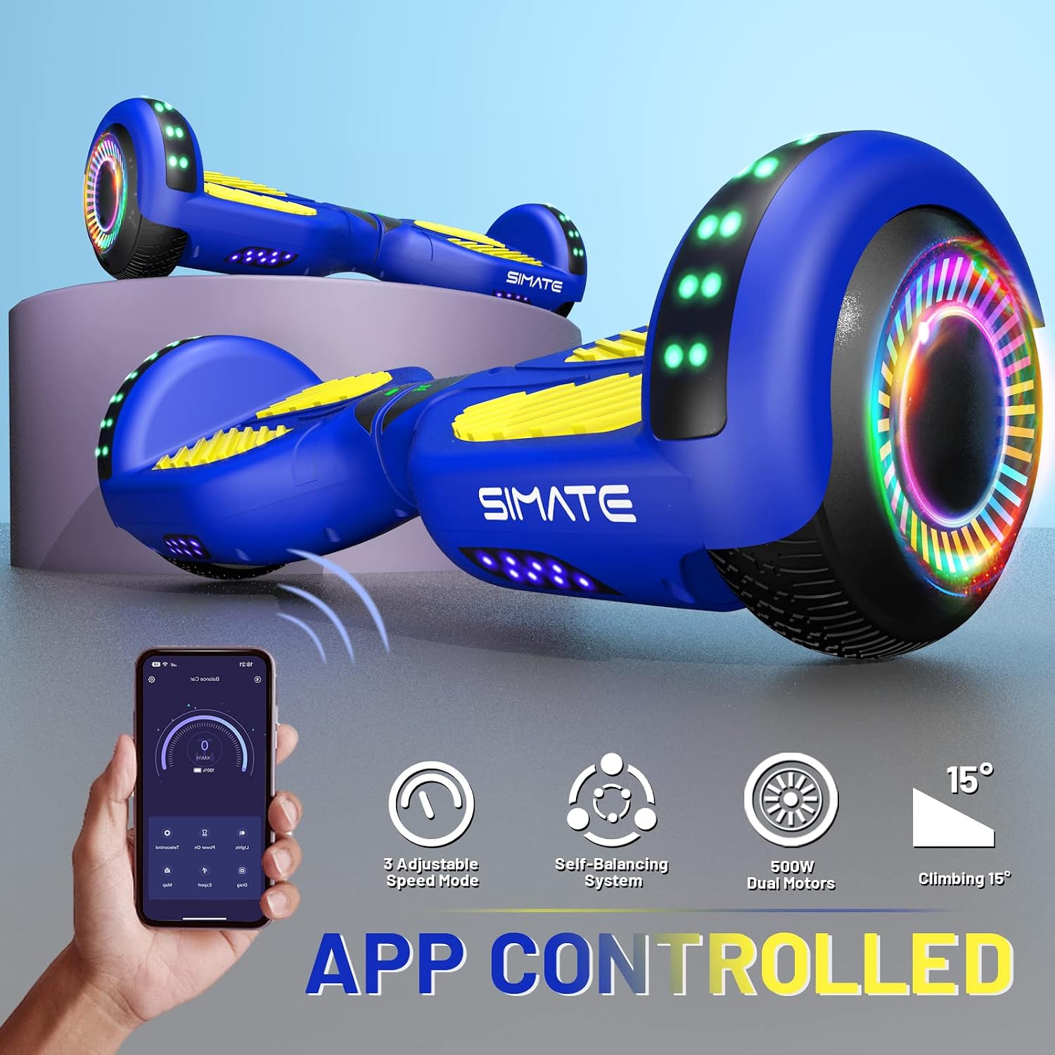 SIMATE Hoverboard, Bluetooth All Terrain Hover Boards with LED Lights and APP Control, Gifts for Kids Adults Girls Boys, for All Ages