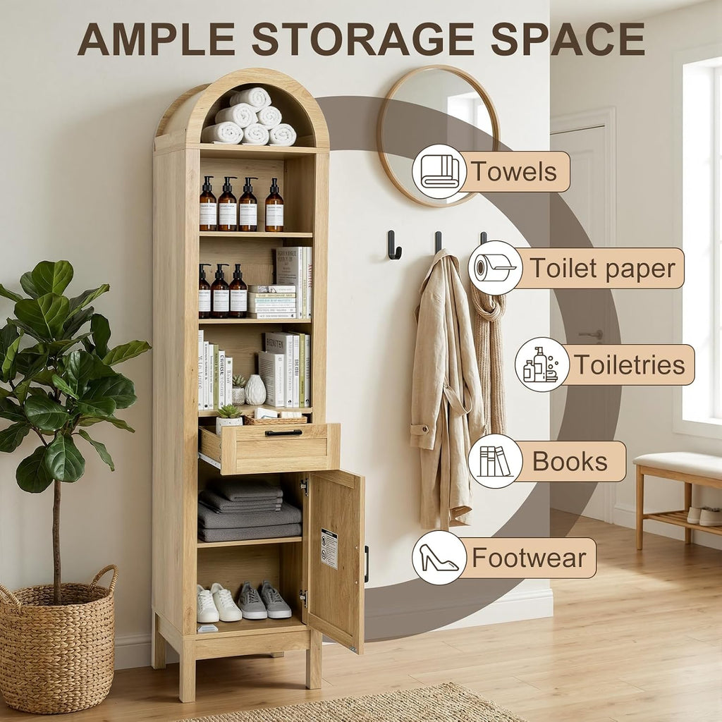 Narrow 71' Tall Wood Cabinet with Adjustable Shelves | Arched Storage Cabinet, 1 Door & 1 Drawer, Moisture-Resistant, Anti-Tipping, Sleek, Sturdy, Cam Lock, Space-Saving,