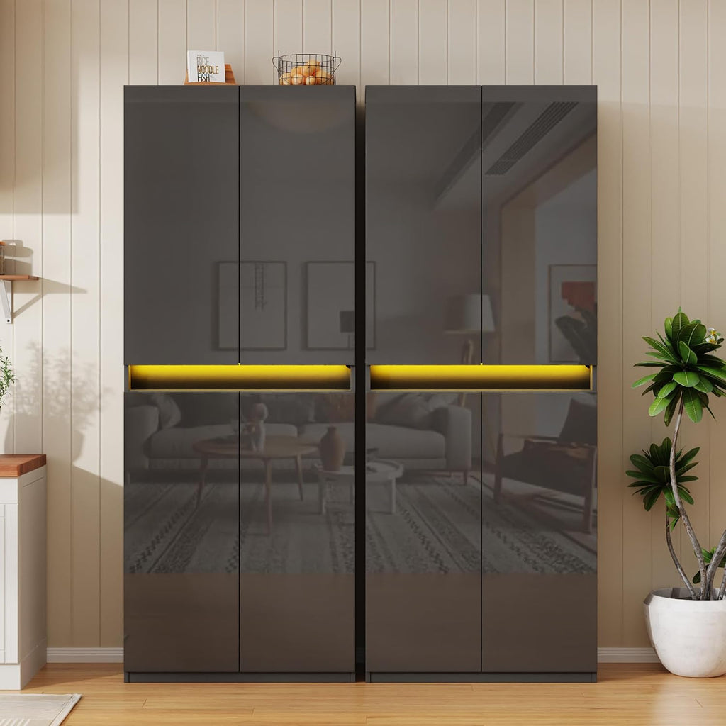 Furnify 71' Tall Pantry Storage Cabinet, Kitchen Pantry with High Gloss Doors, Modern Buffet Hutch Cabinet with Led Light and Adjustable Shelves for Dining Room, Living Room, Grey