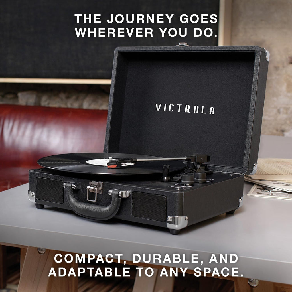 Victrola Journey - Bluetooth Suitcase Record Player - White/Silver | Built-in stereo speakers, 3-speed turntable plays 7', 10' and 12' records, Bluetooth streaming, headphone jack