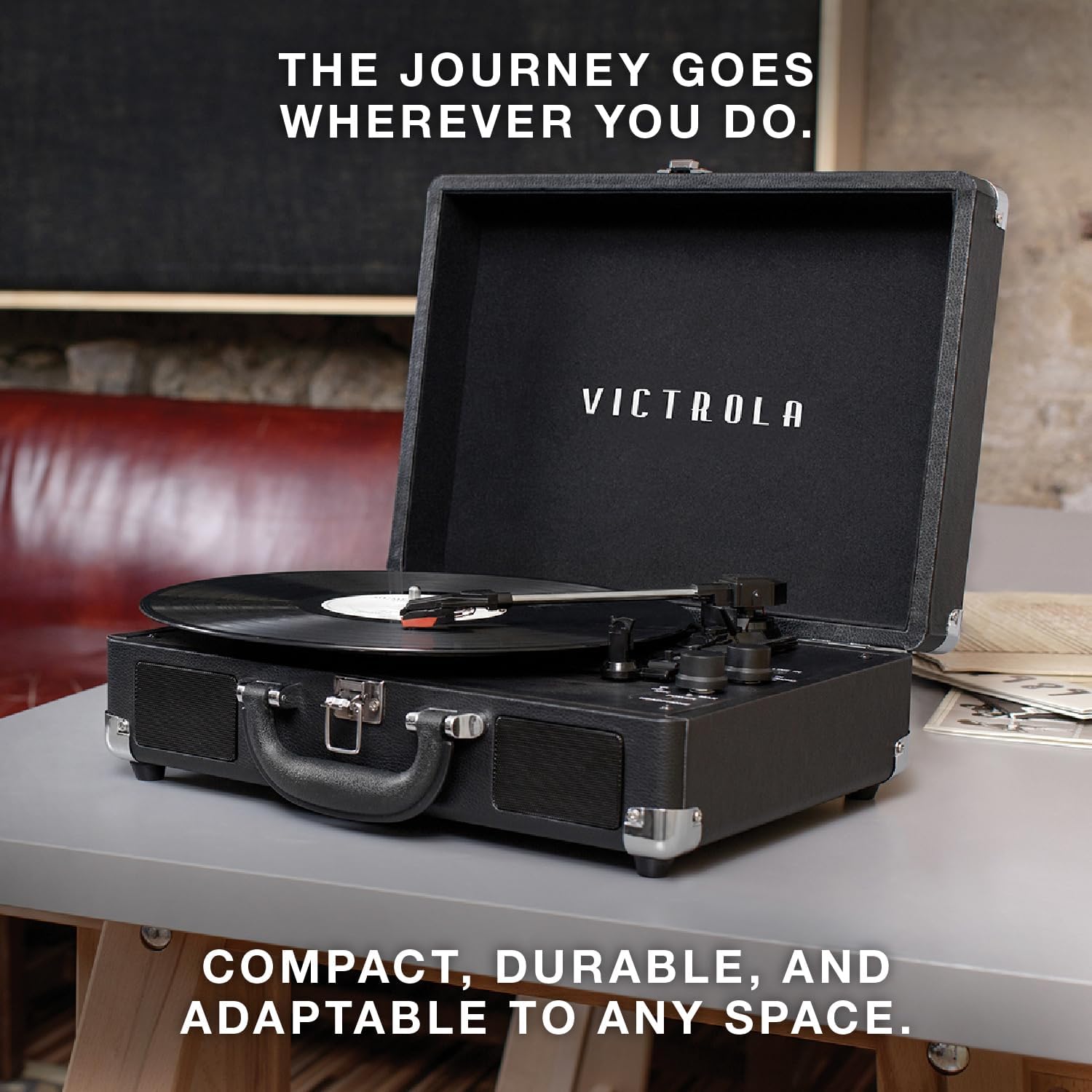 Victrola Journey - Bluetooth Suitcase Record Player - White/Silver | Built-in stereo speakers, 3-speed turntable plays 7', 10' and 12' records, Bluetooth streaming, headphone jack