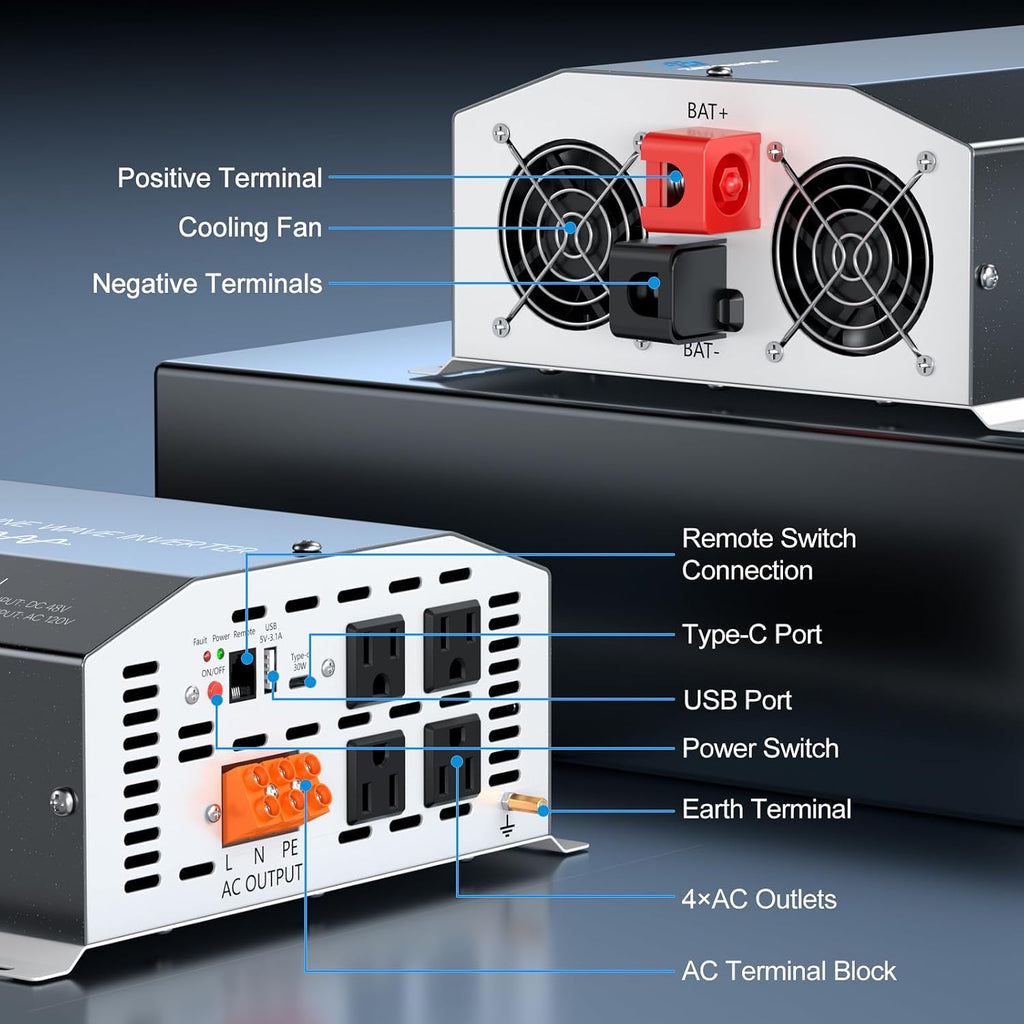 4000W Pure Sine Wave Inverter 48V DC to 110V/120V AC Converter, 8000W Peak, High-Efficiency Off-Grid Power Inverter for Solar System, 4 AC Outlets, USB & Type-C, LCD Remote Control