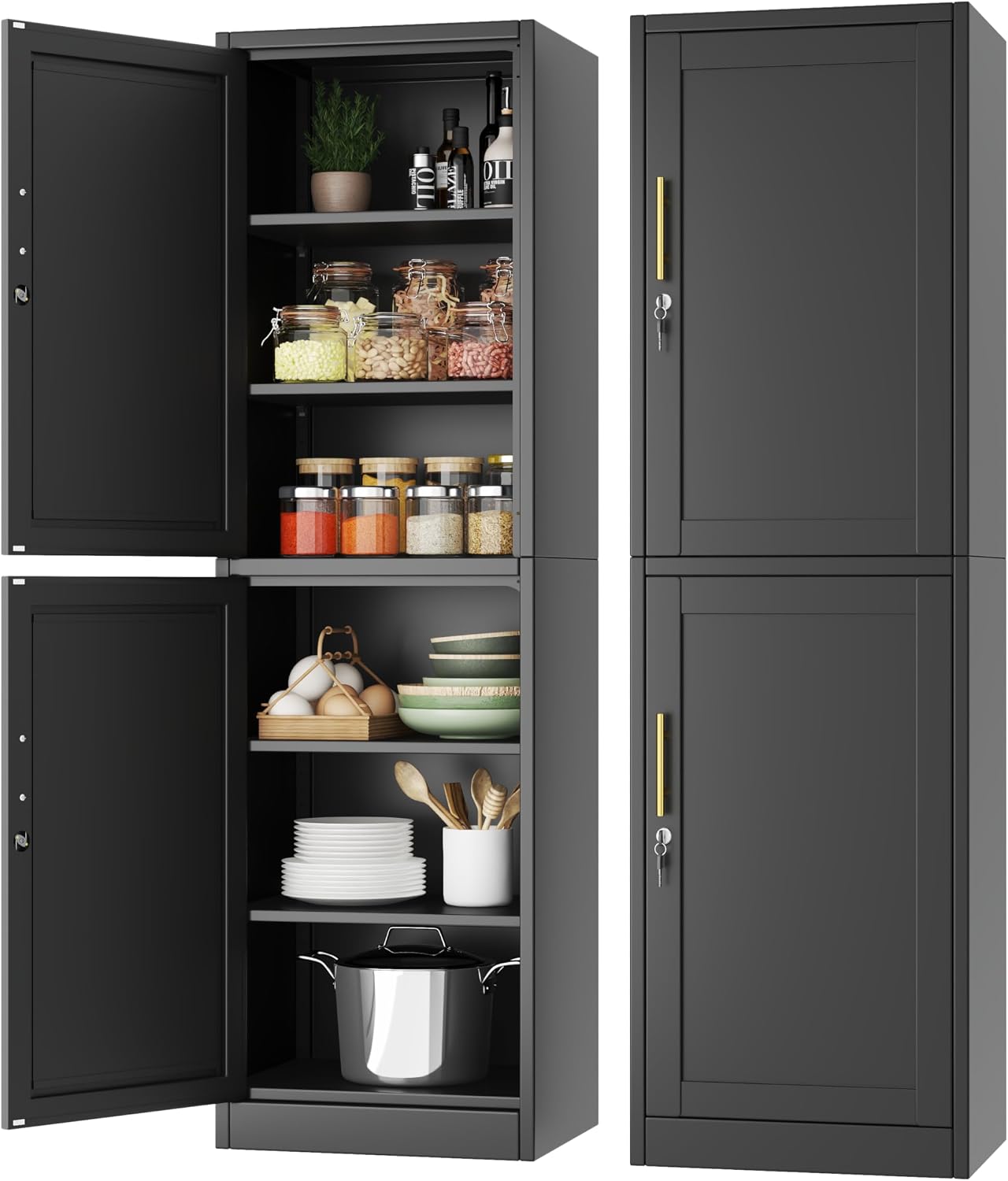 Tall Narrow Slim Metal Storage Cabinet with Lock 2 Doors and Shelves,Steel File Cabinets,Kitchen Pantry Cabinet Locker Organizer - 67' Locker Storage Cabinets for Bathroom,Bedroom,Office,Black