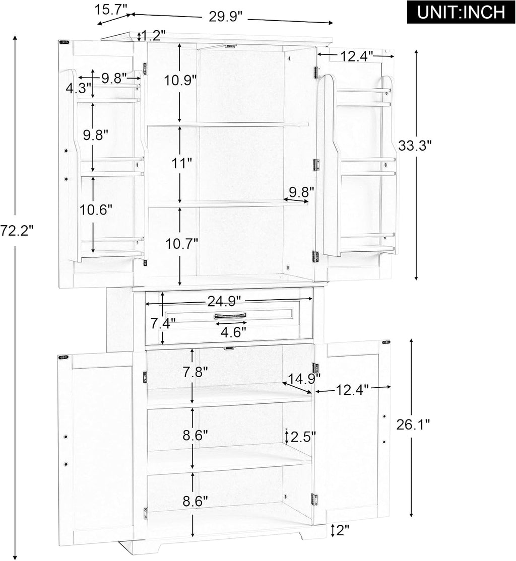 Storage Cabinet with 4 Doors and Drawers, 72.2' H Kitchen Cabinet with 6 Door Shelves, Kitchen Storage Cabinets with Adjustable Shelves for Living Room, Black