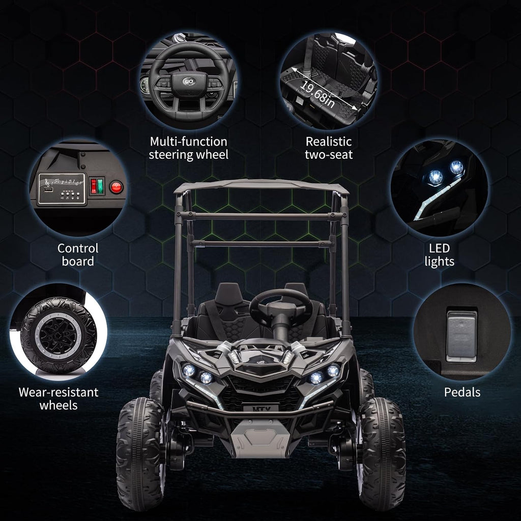 2-Seater Kids Ride On Utv, 24V 4WD Electric Truck with Sun Shade,Remote Control, Adjustable High/Low Speed, Led Lights, 4 Shock Absorbers, One-Button Start, and Music Player,Black