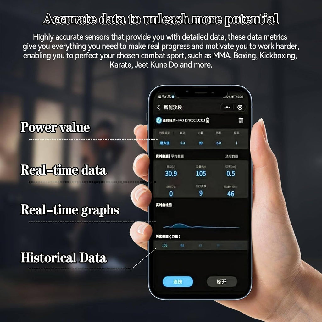 Smart Force Tracker for Punching Bag - Real-Time Data Monitoring, 200H Battery, Voice Feedback, 3 Training Modes， Speed Sensor with App for Boxing, MMA, Kickboxing Training,Black