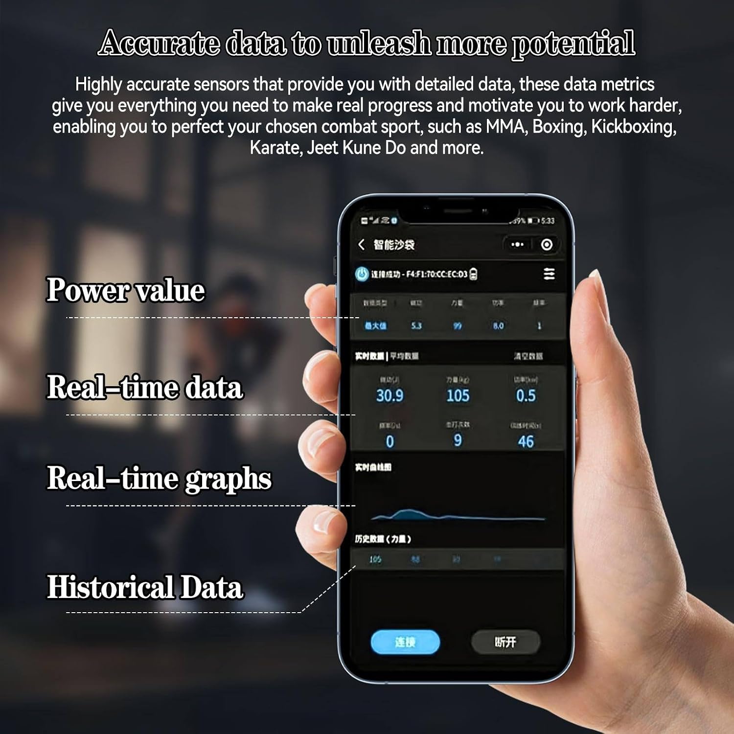 Smart Force Tracker for Punching Bag - Real-Time Data Monitoring, 200H Battery, Voice Feedback, 3 Training Modes， Speed Sensor with App for Boxing, MMA, Kickboxing Training,Black