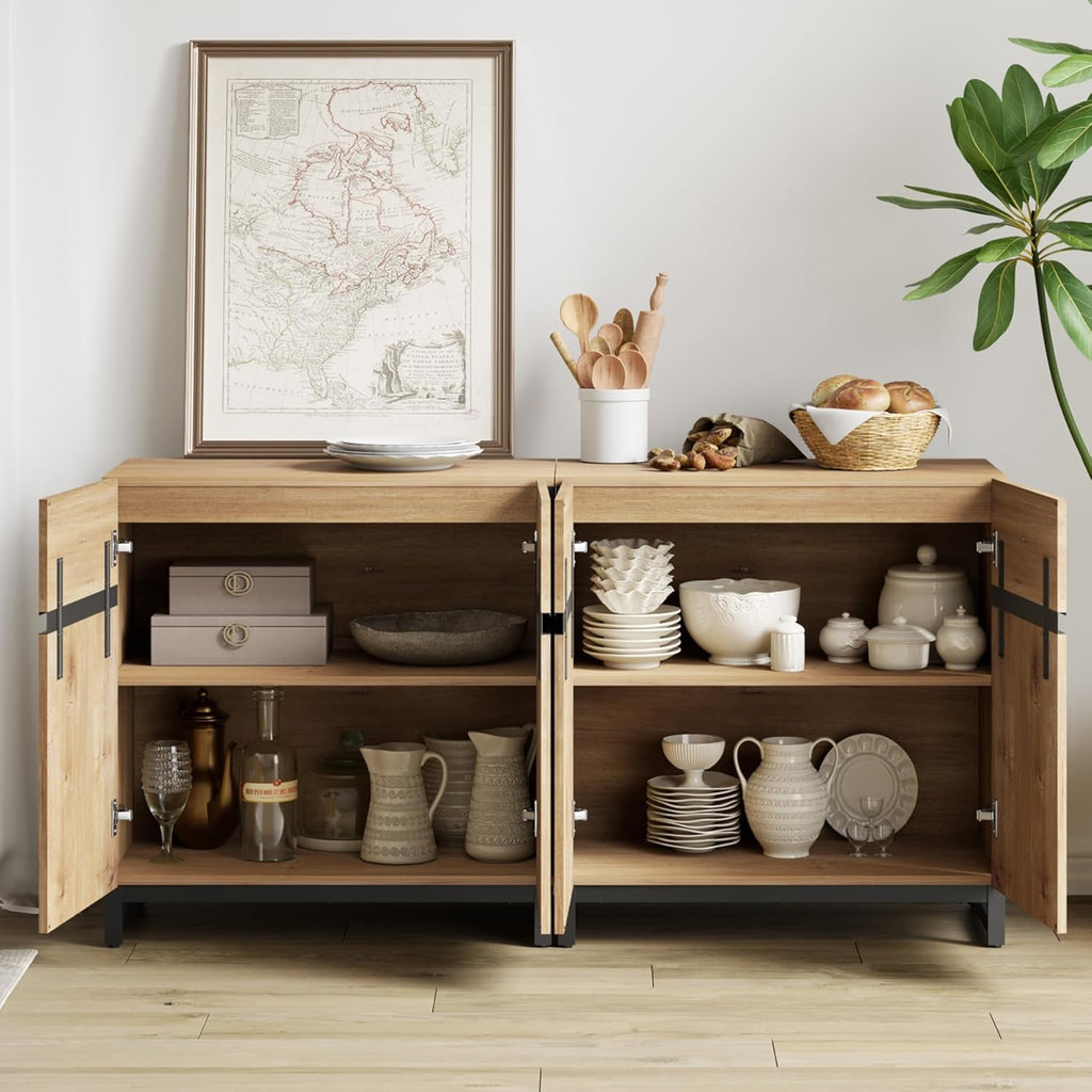 WAMPAT 2 in 1 Multifunctional Sideboard Buffet Cabinets, Modern Sideboard with Adjustable Shelf and Metal Base, Coffee Bar Cabinet Storage Cabinet for Living Room, Kitchen, Oak