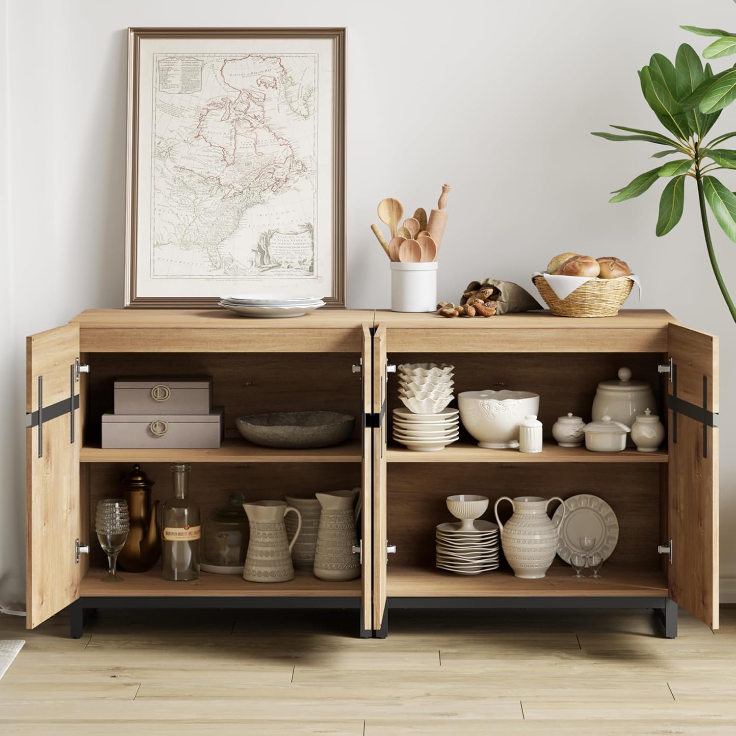 WAMPAT 2 in 1 Multifunctional Sideboard Buffet Cabinets, Modern Sideboard with Adjustable Shelf and Metal Base, Coffee Bar Cabinet Storage Cabinet for Living Room, Kitchen, Oak